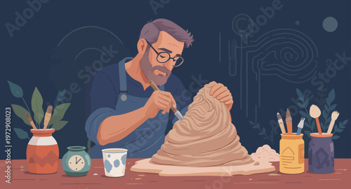 Man creating art with clay on table.