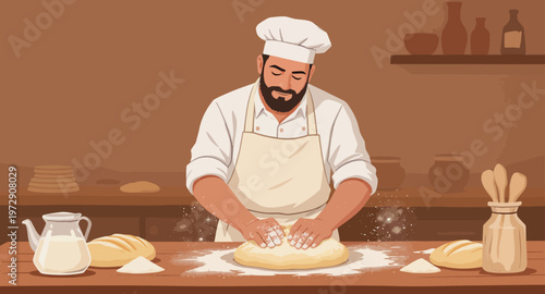 Illustration of a baker preparing dough.