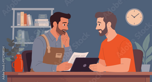 Two men discussing documents at a desk.