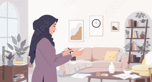 Woman in living room with tablet.
