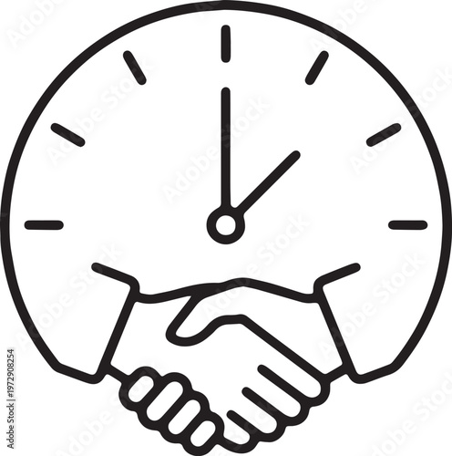 Adobe Illustrator Artwork, Time management and deadline agreement line icon. Handshake in front of a clock face representing punctual business deals and meetings. Minimal vector outline.