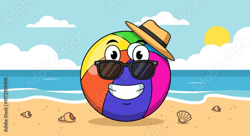 Colorful beach ball in sunglasses.