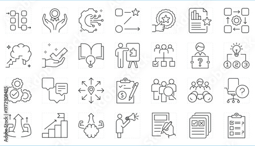 Work results related editable stroke line icons set.