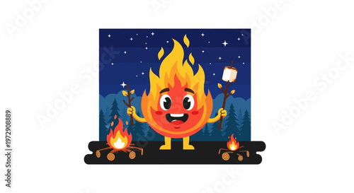 Smiling cartoon fire character camping outdoors.
