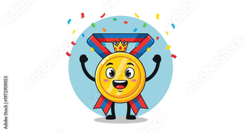 Smiling gold medal with red ribbon.