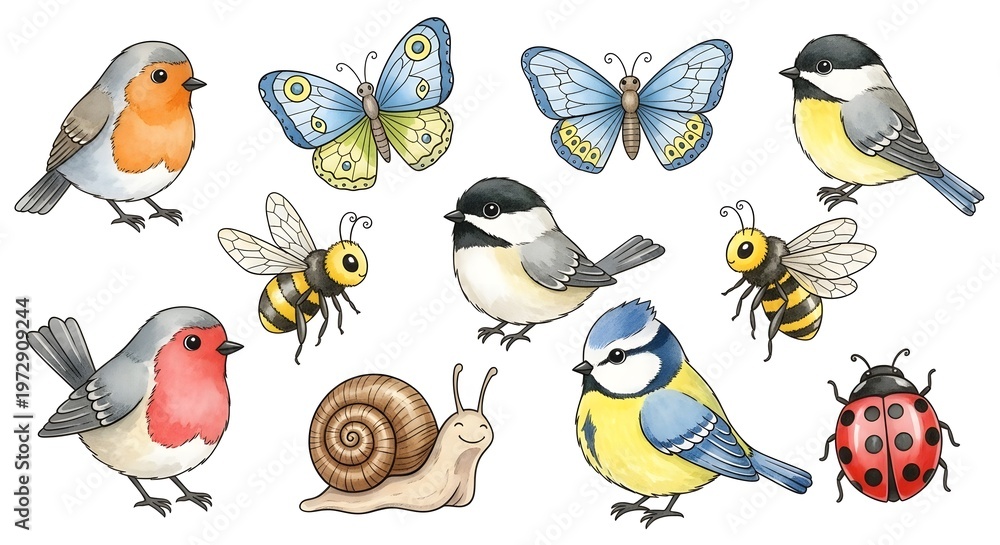 Fototapeta premium A colorful illustration of various animals and insects in a whimsical setting