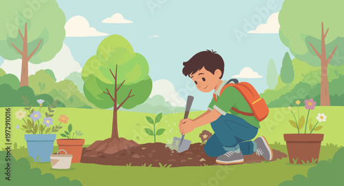 a boy planting a tree in the garden.