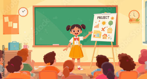 A young girl presenting a school project.