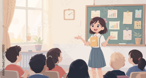 Teacher standing in front of classroom.