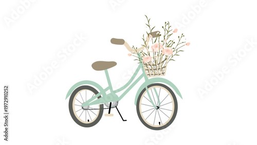 Whimsical bicycle adorned with a basket of delicate flowers and greenery Vector