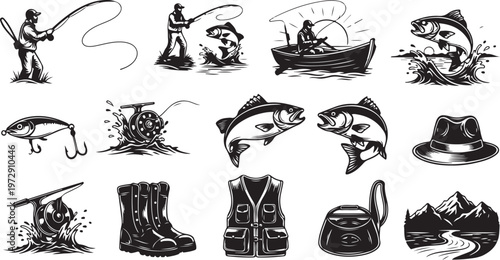 Fishing icons and illustrations in black and white color
