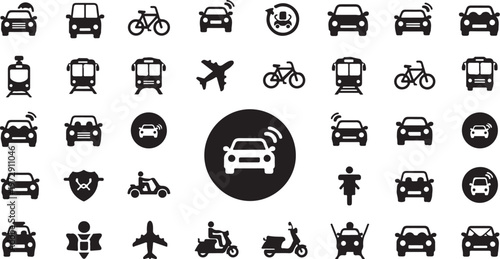 Transportation icons set with various vehicles and travel symbols