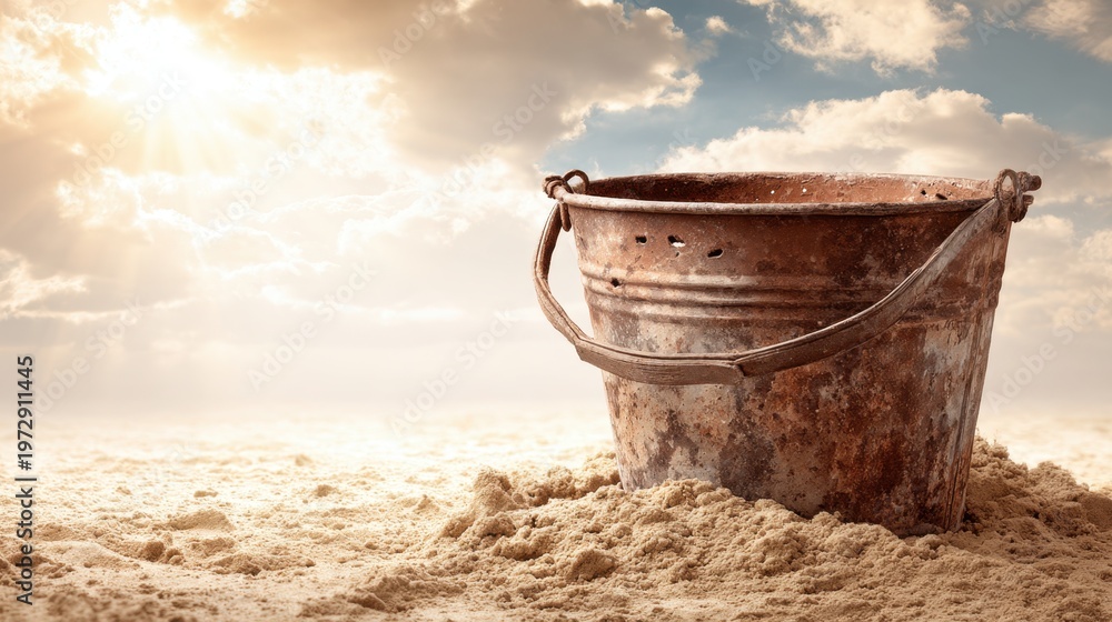 Naklejka premium Rusty bucket with holes resting in sand under sunny sky