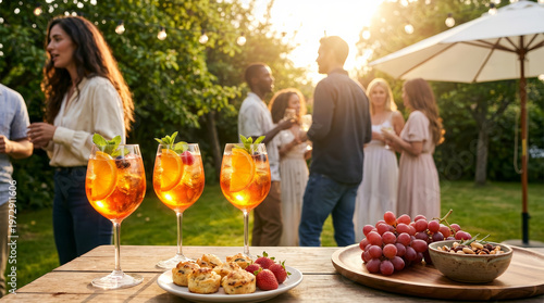 Garden party aperitif cocktail outdoor friends summer social gathering sunset backyard, Three cocktail glass with citrus garnish table beside fruit and snack while group of adult friend