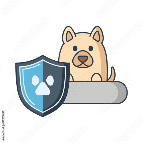A cartoon dog icon stands beside a shield, representing pet insurance and symbolizing protection, health, and well-being.