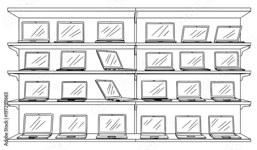 Black and white laptop store shelf display sketch vector with electronic devices retail arrangement