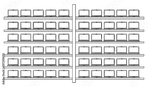 Laptop display rack pattern vector black and white outline store shelf technology illustration
