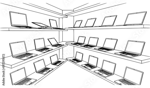 Perspective laptop display shelves line art vector modern electronics shop interior sketch