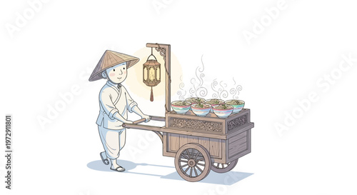 Asian man pushing food cart.