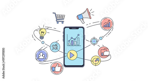 Smartphone with icons and graphs.