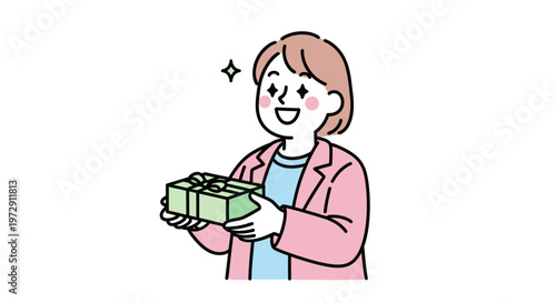 Woman holding green wrapped gift box.