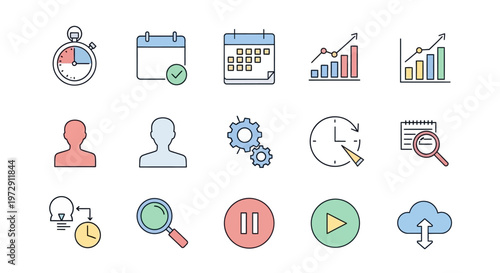 Business management and productivity tool icons set with data analysis and time tracking symbols.