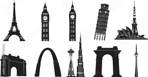 Famous landmarks and monuments of the world in silhouette