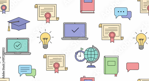 Seamless pattern of online education and e-learning line icons on white background