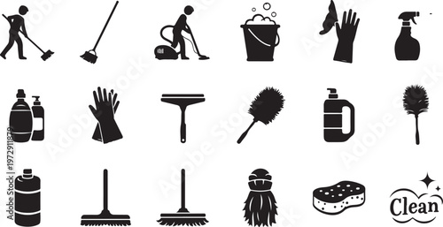 Cleaning Supplies and Tools Icon Set for Household Chores