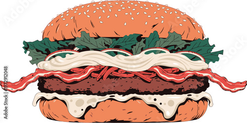 Burger illustration with fresh lettuce, tomato, and cheese on a sesame seed bun, presented as a vibrant vector graphic for culinary themes.