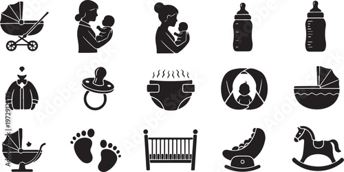 Baby Care and Nursery Icons Set in Black and White