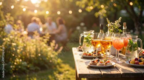 Garden party outdoor table cocktail appetizer summer sunset wooden table glass friends