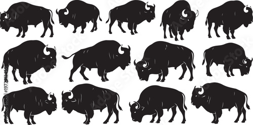 Collection of bison silhouettes in various poses and movements