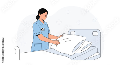Nurse making hospital bed with clean white sheets and pillows, patient care concept