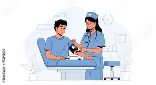 Nurse measures patient blood pressure in clinic, healthcare checkup, medical examination