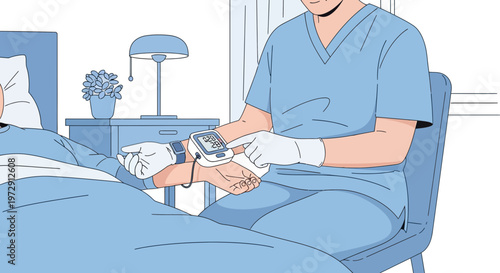 Nurse measures patient's blood pressure in hospital room, healthcare concept