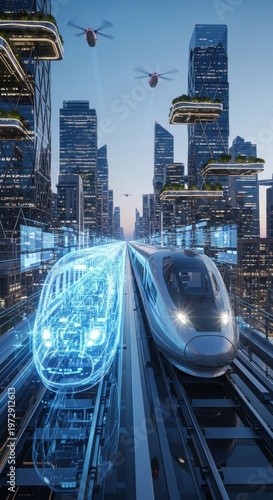 Futuristic cityscape with high-speed trains and flying vehicles, showcasing advanced transportation and urban development.