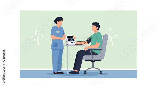 Nurse measuring blood pressure of a patient in a clinic, medical check-up concept