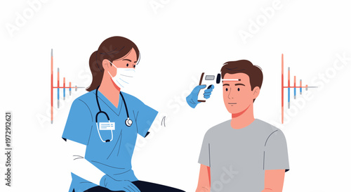 Nurse measures patient's temperature with infrared thermometer, healthcare concept