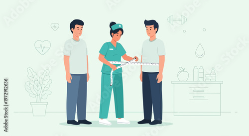 Nurse measures waist of man for weight loss, health check, doctor consultation