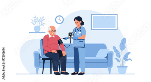 Nurse measuring blood pressure of an elderly man at home, healthcare concept