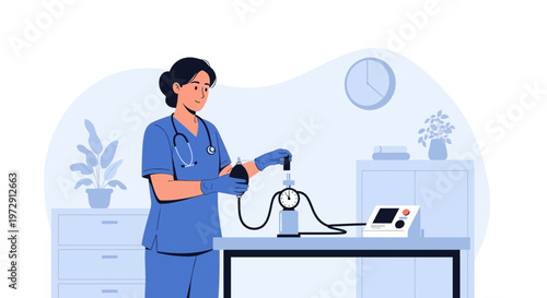 Nurse measuring blood pressure with sphygmomanometer in clinic, healthcare concept