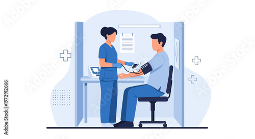 Nurse measuring patient's blood pressure in a medical clinic, healthcare concept