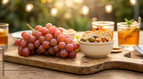 Grape snack appetizer picnic drink outdoor table summer Bunch red grape wooden board beside bowl olive and nut, cracker, and iced tea drink outdoor table with warm bokeh light, relaxed summer