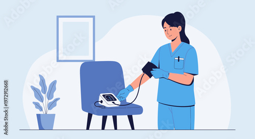 Nurse measuring patient's blood pressure with digital monitor in clinic room