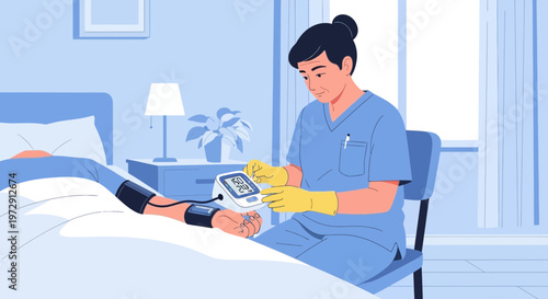 Nurse measuring patient's blood pressure in hospital room, healthcare concept