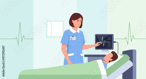 Nurse monitoring patient's heart rate on monitor in hospital room, medical care concept