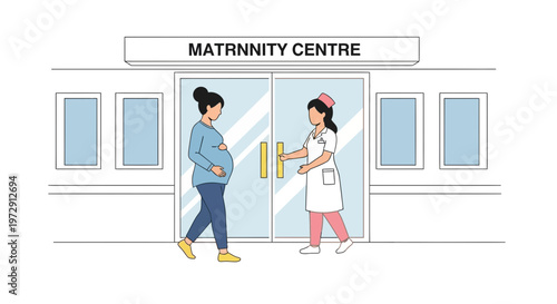 Nurse opens door for pregnant woman entering maternity centre