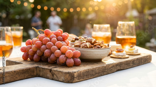 Grape snack wine glass nut outdoor picnic sunset party summer, rustic wooden board with grape cluster, nut bowl, cheese bite, wine glass table sunny outdoor gathering, warm bokeh lights