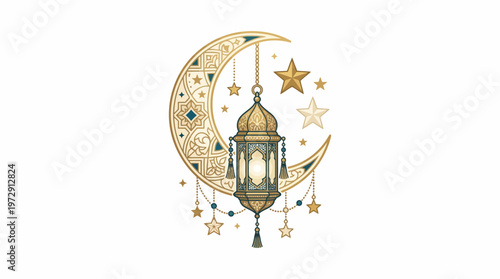 Ramadan lantern with crescent moon stars.